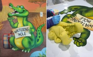 2d to 3d mural of hitchhiking crocodile character for a pediatric clinic