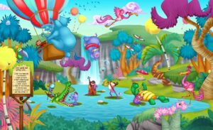 I spy game mural with a colorful fantasy jungle theme