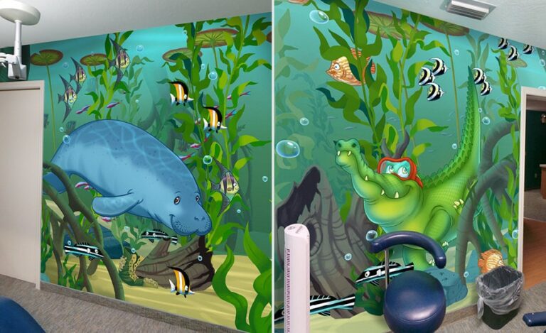 a cute manatee and scuba diving alligator are featured on large wall murals in kids dentist office