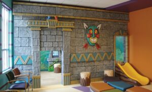 ancient ruins themed entrance to kids gaming area