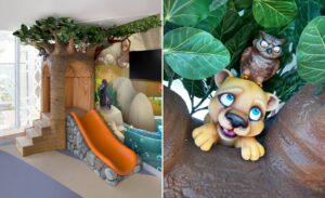 baobab tree sculpture with play slide and cheetah and owl characters
