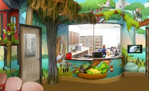 Bayou themed reception desk with sculpted tree and animal characters