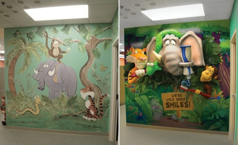 before and after of jungle murals for a pediatric medical office