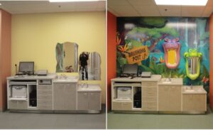 before and after of jungle themed brushing station for kids