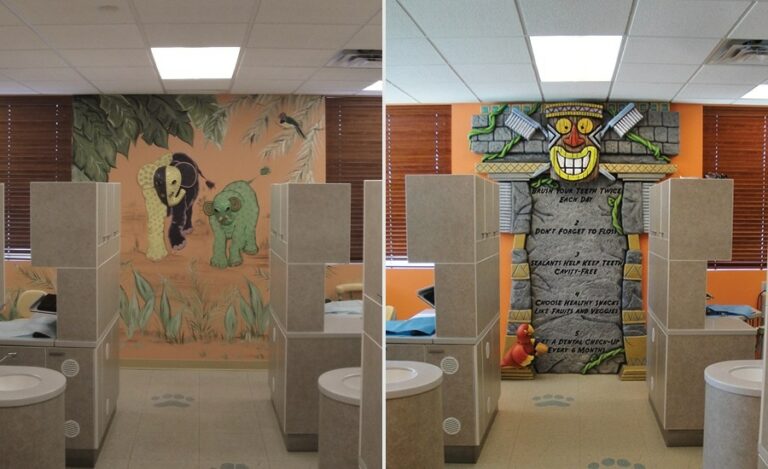before and after of tiki themed open treatment bay