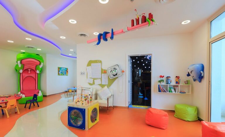bright and colorful dental themed waiting room for kids