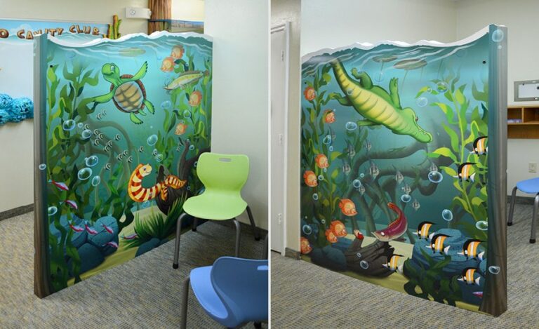 bright schools of sculpted fish swimming in a kept forest for large divider wall art