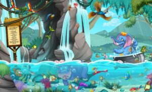 bright waterfalls and colorful underwater tropical animals swimming in a friendly mural