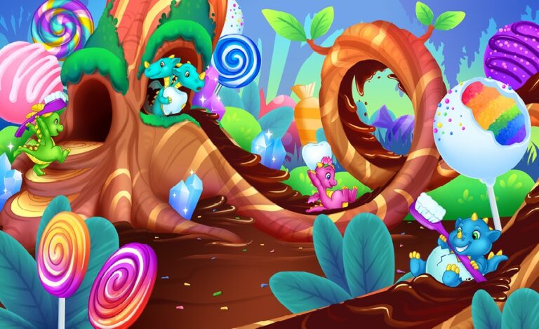 candy themed mural with dragon characters for kids dentist