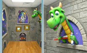 castle themed waiting room with cute dragon sculpture