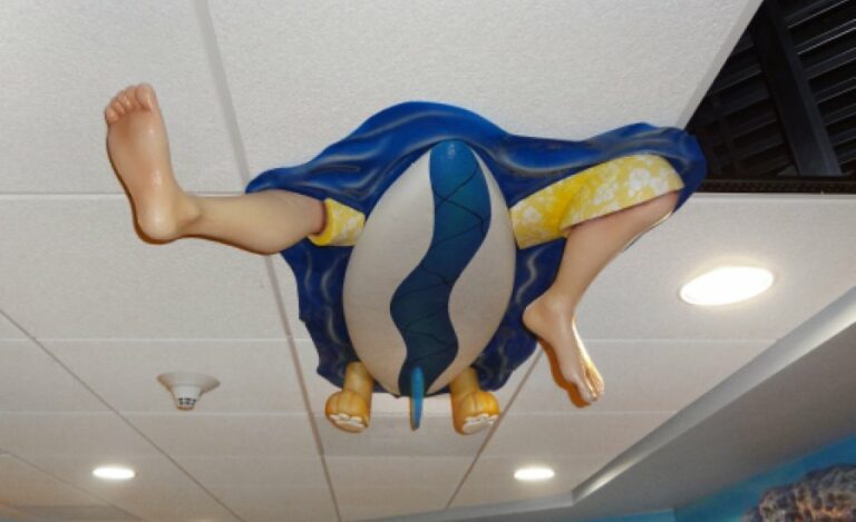 ceiling sculpture of underside of a surfboard and surfer bear character
