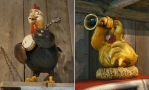 sculpted chickens in themed room