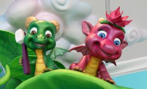 close up of baby dragon sculptures on top of leaves in kids dental office
