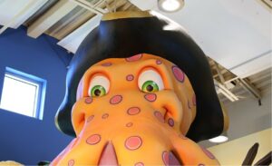 close up of pirate captain octopus character in a dental clinic waiting area