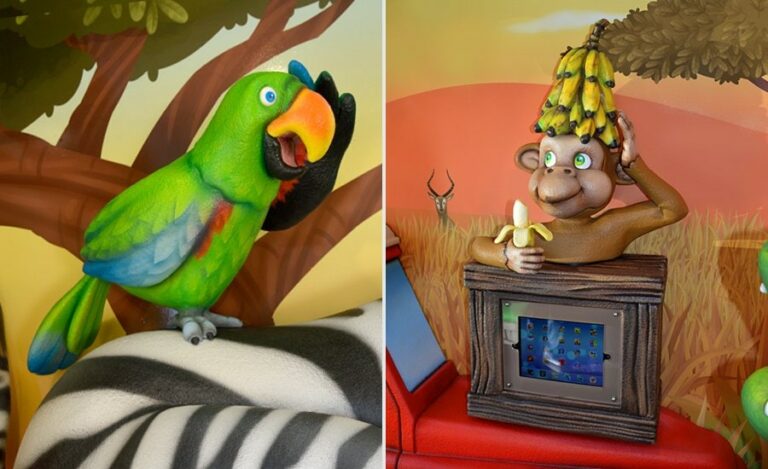 colorful bird and friendly monkey characters for a safari themed play area