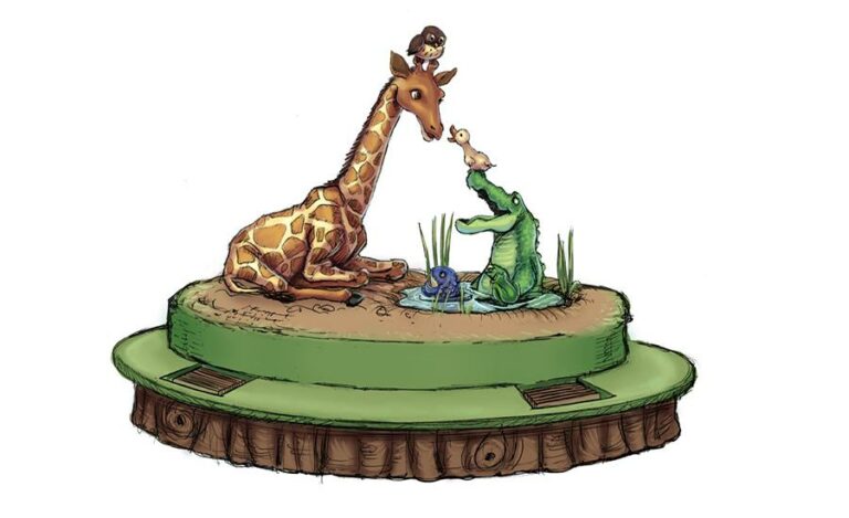 concept art for custom giraffe and crocodile bench for dental office