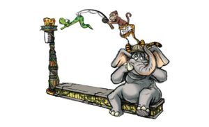 concept art for a jungle themed bench with elephant sculpture