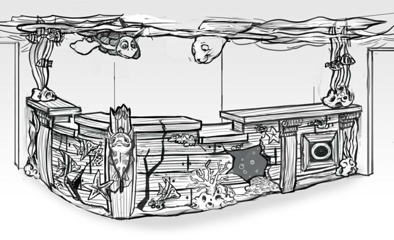 concept art for a sunken ship themed reception desk