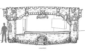 concept drawing of castle themed dental reception desk