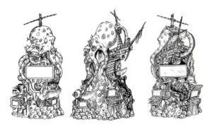 concept sketches of waiting room octopus treasure tower for undersea dental office