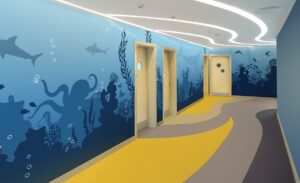 corridor in pediatric clinic with underwater silhouette murals