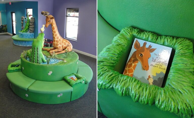 custom animal themed bench in pediatric waiting room