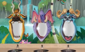 custom brushing mirrors of whimsical animals with mural
