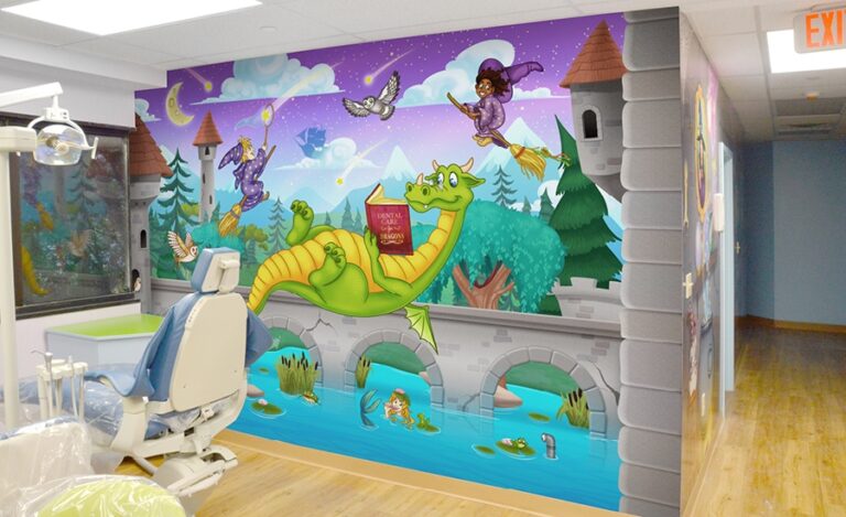 custom dragon and castle themed mural in dental treatment room