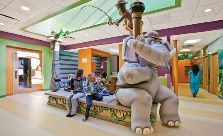 custom elephant bench in jungle themed pediatric waiting room