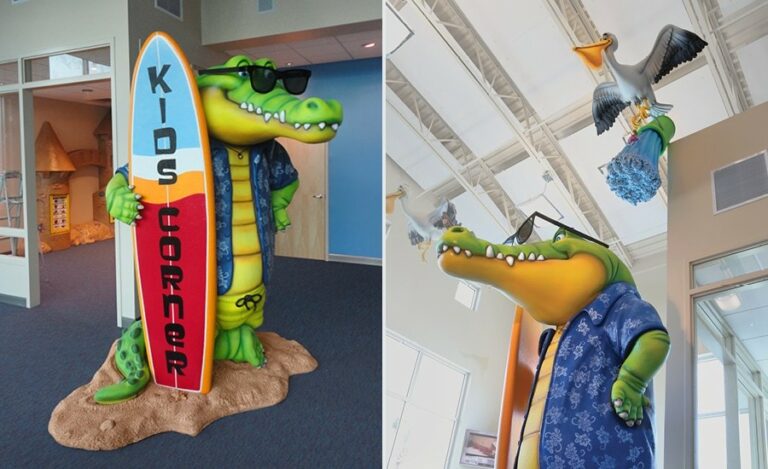 custom friendly crocodile mascot holding surfboard for a pediatric dental office