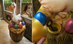 custom goose sculptures with basket of multicolored eggs