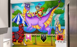 custom mural of jousting dragon in pediatric dental office