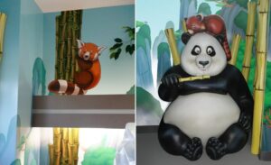 custom pediatric murals with panda sculpture in dentist office