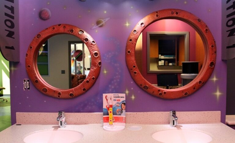 custom asteroid designed mirrors in space themed tooth brushing station