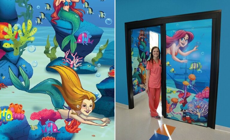custom undersea mural with mermaid caricatures for pediatric treatment room