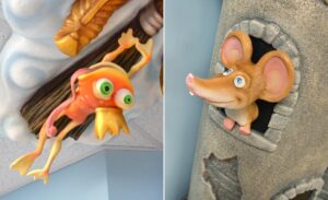 cute frog and mouse sculptures in pediatric dental office
