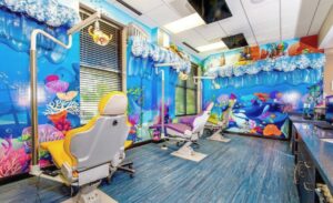 dental open bay with 3d wave elements and vibrant undersea scenery murals