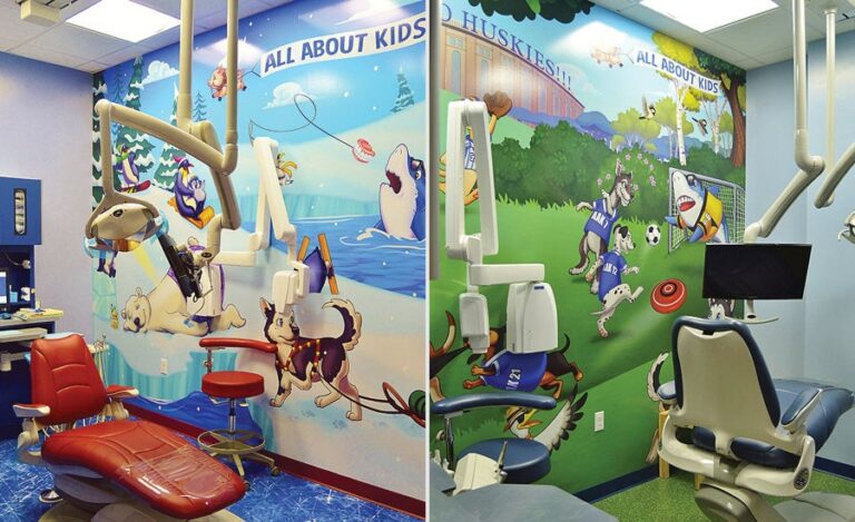 dental operatories with bright arctic and sports themed murals with fun animals