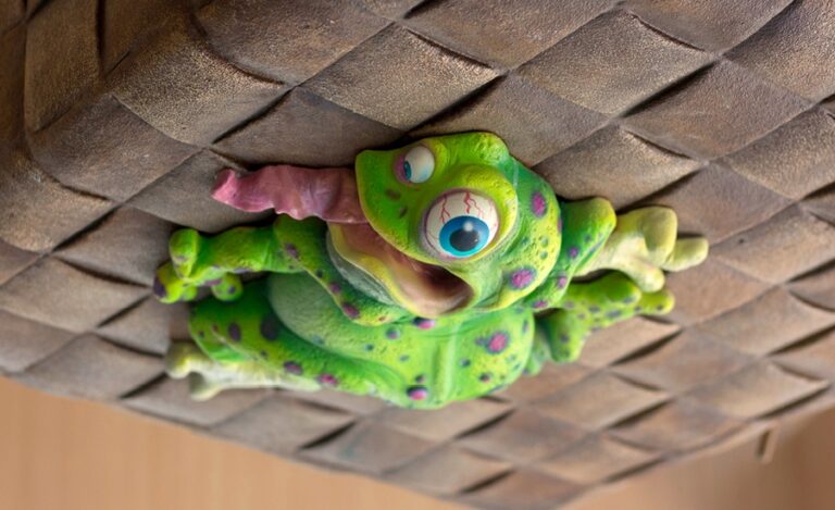detail of funny squished frog on hot air balloon sculpture