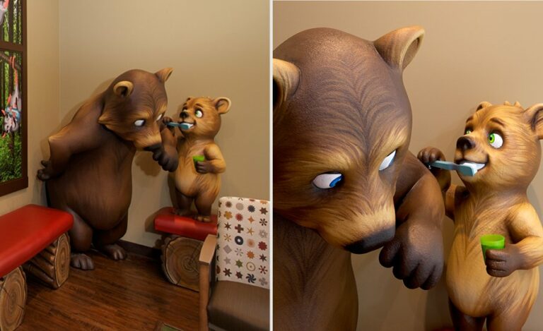 detail shot of baby bear learning to brush their teeth next to custom log benches