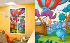 faux window with artwork of animals riding hot air balloon in a pediatric operatory