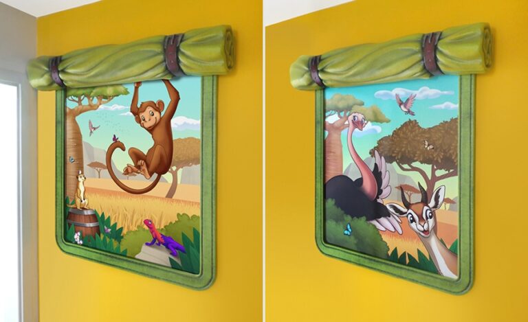 faux windows with jungle murals and sculpted tent flaps