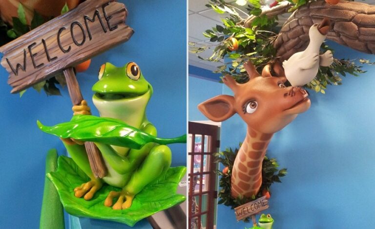 frog and giraffe sculptures for kids dentist office