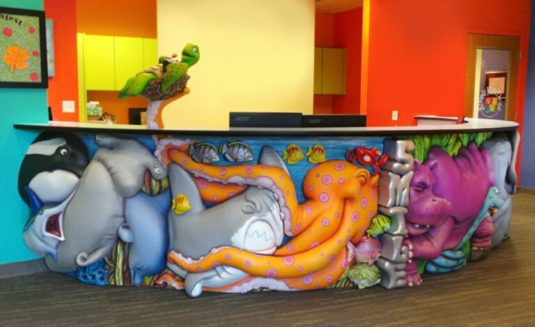 funny underwater and tropical themed pediatric reception desk with fighting marine animals