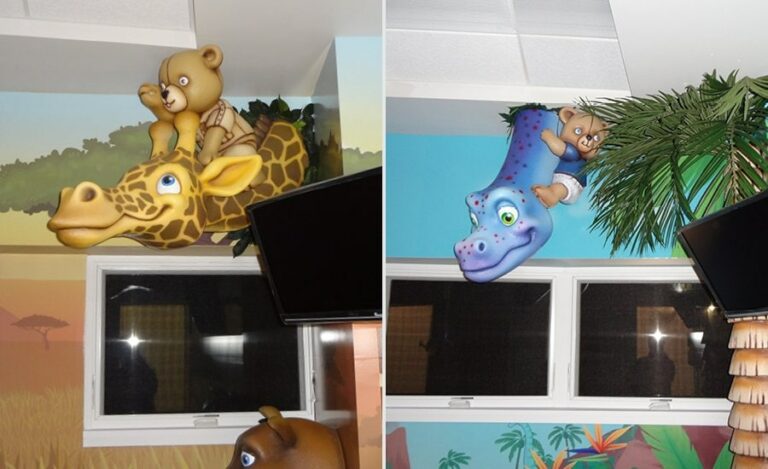 giraffe and dinosaur sculptures in dental treatment rooms for kids