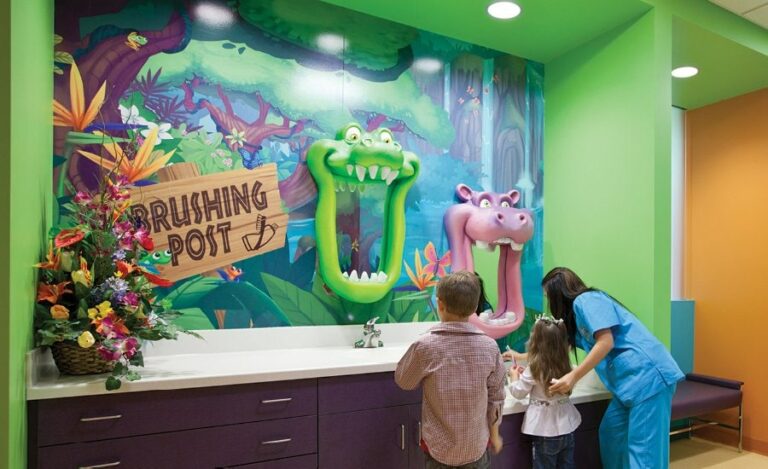 jungle themed brushing station with crocodile and hippo mirrors