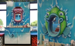 jungle themed brushing stations with hippo and colorful sculpted fish mirrors for a dental clinic