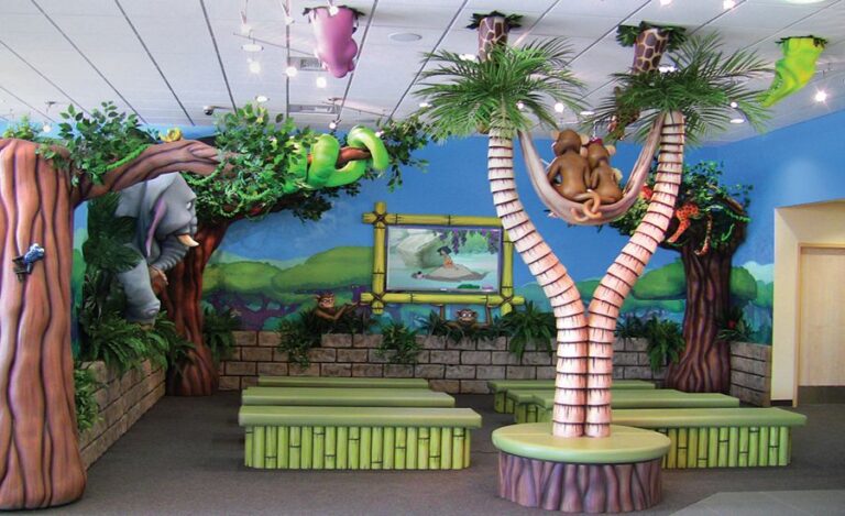 jungle themed kids theater area in a dental office