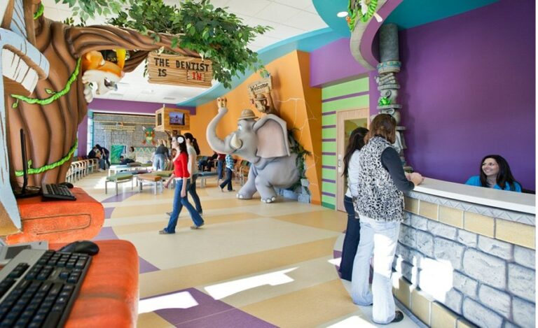 jungle ruins themed waiting area in a pediatric dental office