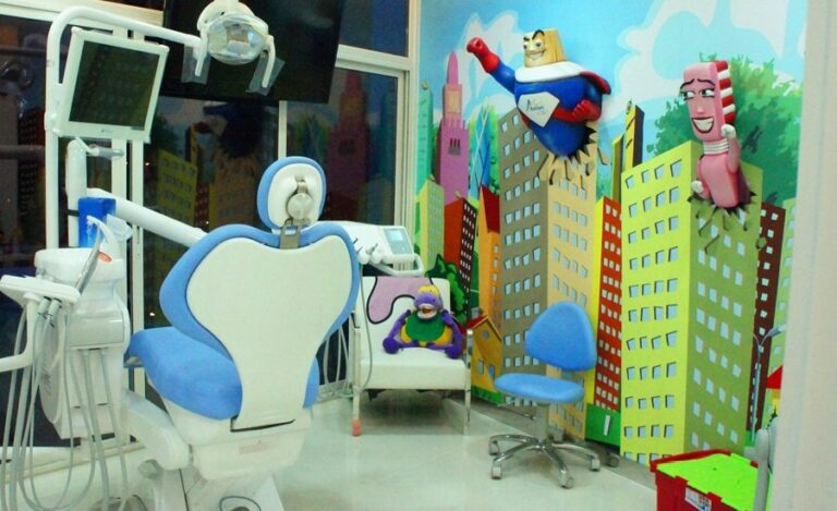 kid friendly operatory with 2d to 3d superhero mascots and city inspired murals